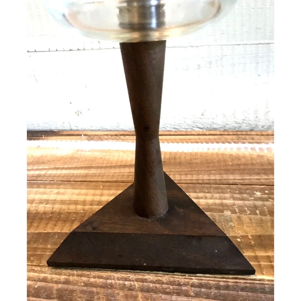 VTG MCM Walnut Wood Glass Candle Holders Pair Mid Century Modern Metal 8.25